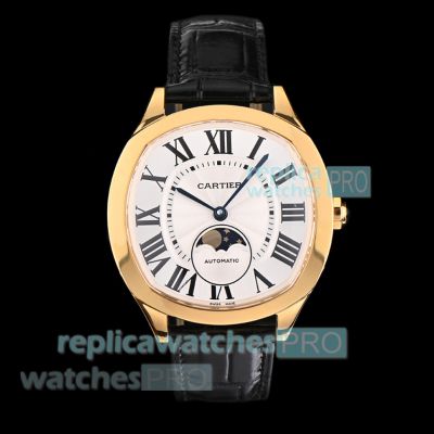 Swiss Replica Cartier Drive de Cartier White Dial Yellow Gold Case Moon Phase Watch 